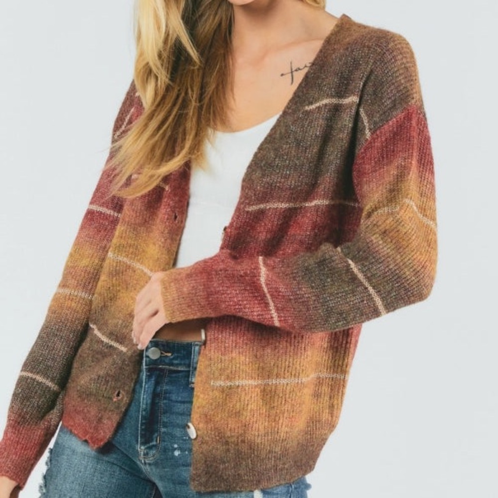 Davi‎ & Dani Brown Striped Button Cardigan Sweater Sz Large